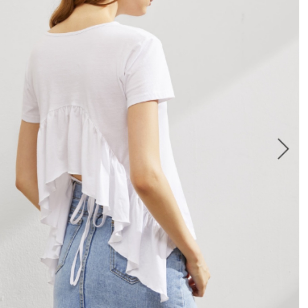 Ruffle trim self tie / open back White T-Shirt